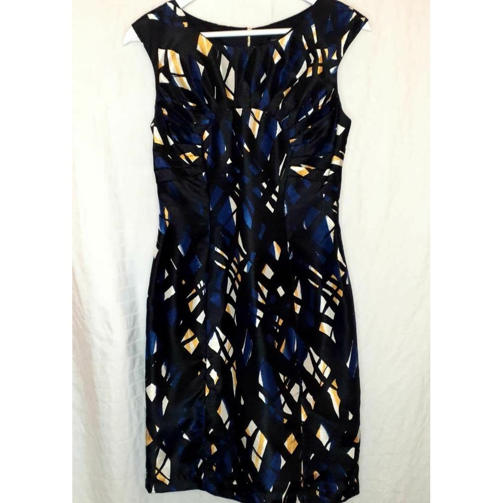 Tahari Sheath Dress‎ Sz 2 Black Blue Lines Abstract Cap Sleeve Pleated